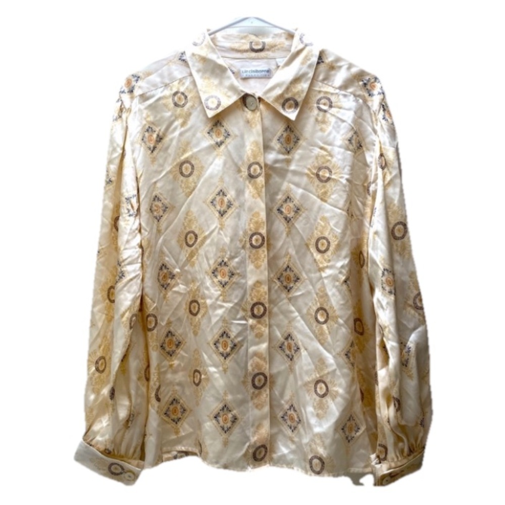 LIZ CLAIBORNE | 100% Silk Vintage Tan Blue Geometric Button Down Blouse Size 12